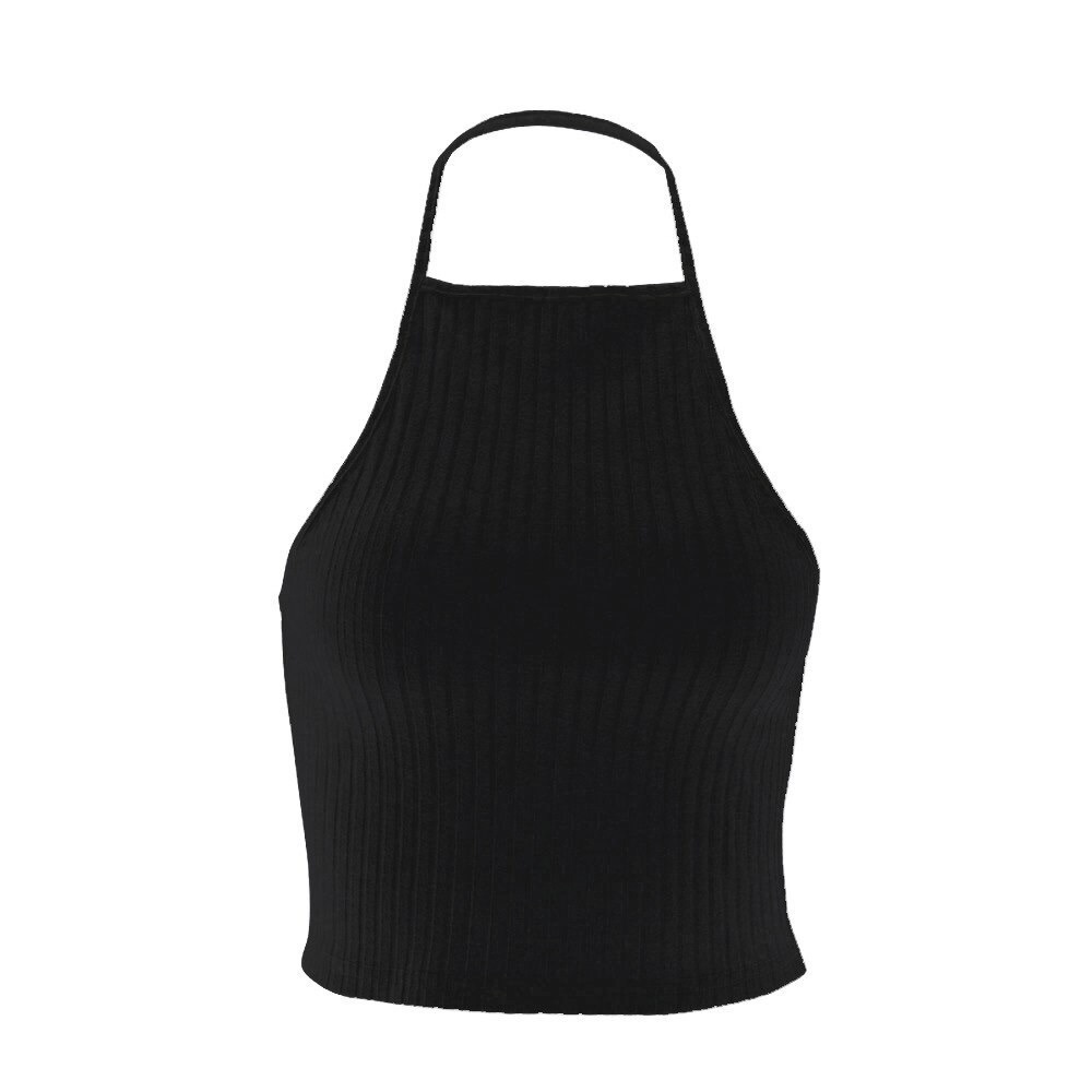 Black Ribbed Essential Halter Crop Top - Picture 2 of 7